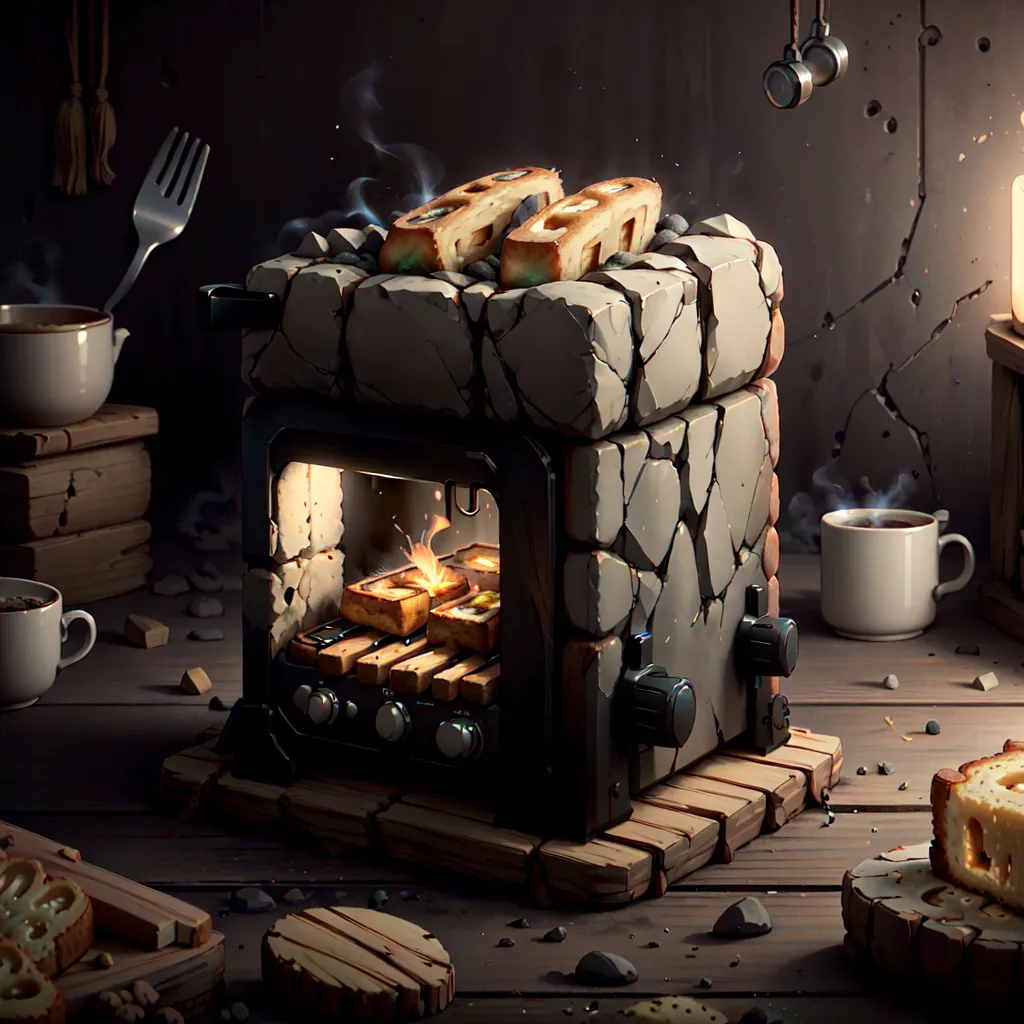 The image shows a stone oven with a modern twist. The oven is made of rough-cut stones and has a large door at the front. Inside the oven, there are flames and two slices of bread that are being toasted. On top of the oven, there is a metal plate with two cups and a fork on it. Next to the oven, on the table, is another cup and what appears to be a pastry. The oven is lit by a candle.