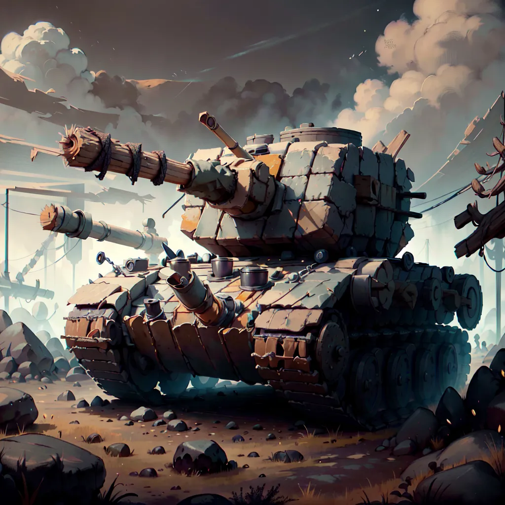 The image shows a post-apocalyptic tank. It is made of scrap metal and wood. The tank has a large cannon and is painted in camouflage colors. There are no people in the image. The tank is in a rocky field. The sky is cloudy and there are ruins of buildings in the background.