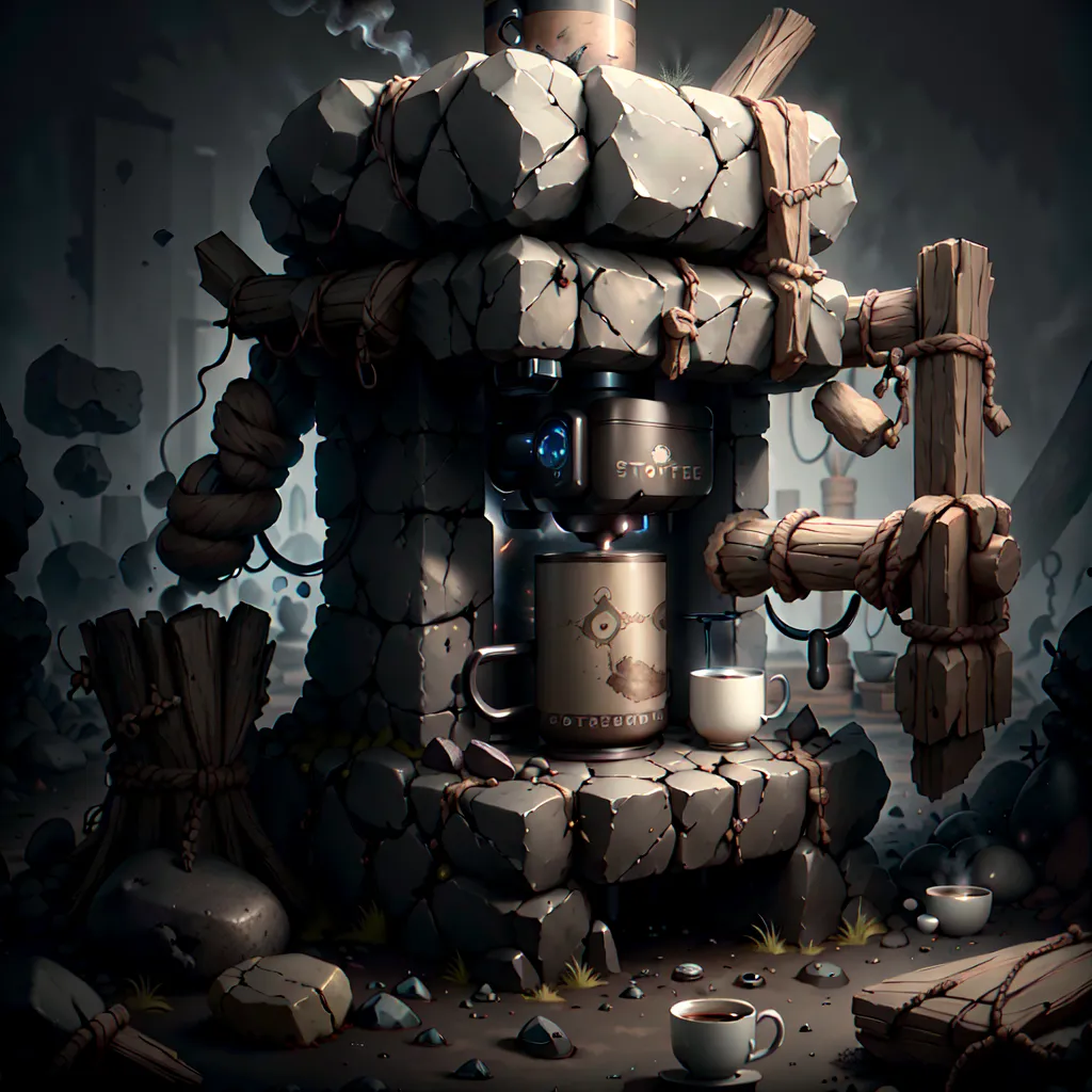 The image is a dark and moody coffee machine. The machine is made of stone and has a large, round coffee grinder on top. The grinder is surrounded by a number of small, white coffee cups. There is a large, white coffee mug sitting on the machine. The mug has a picture of a coffee bean on it. The machine is also decorated with a number of ropes and pulleys. The background of the image is a dark, rocky cave.