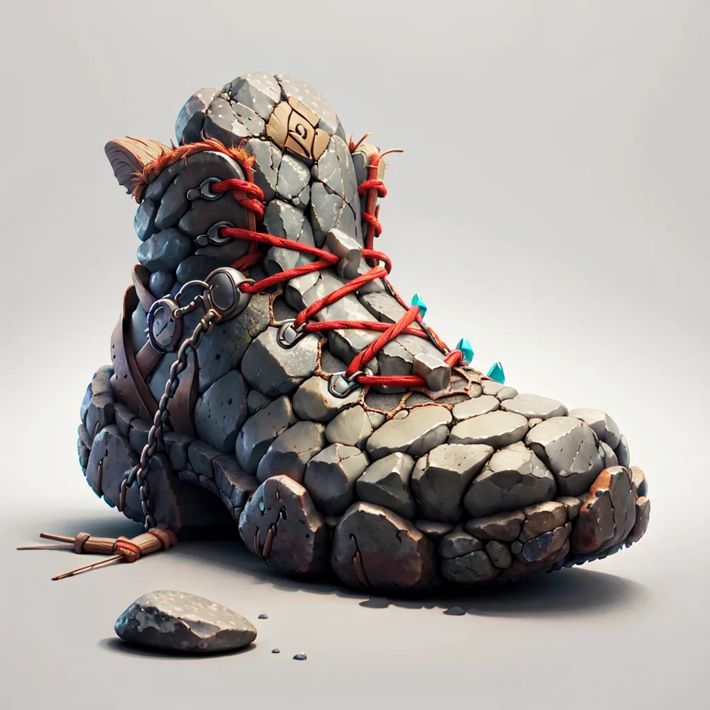 The image is a 3D rendering of a boot made of gray stone. The boot is detailed with red laces and a silver buckle. The boot is also decorated with two small blue crystals on the toe and a silver chain around the ankle. The boot is sitting on a white surface with a small gray rock next to it. The background is a light gray gradient.