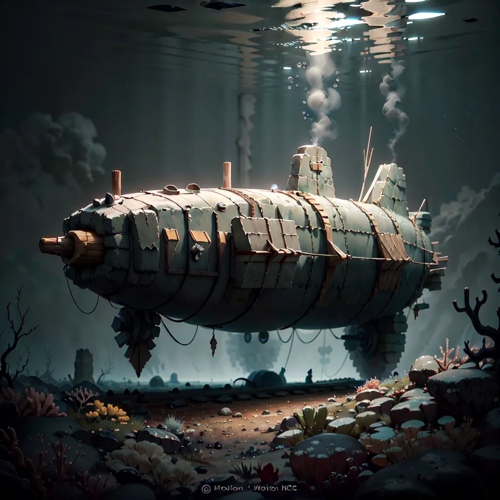 The image shows a steampunk submarine. It is made of metal and has a wooden deck. The submarine is surrounded by coral and rocks.