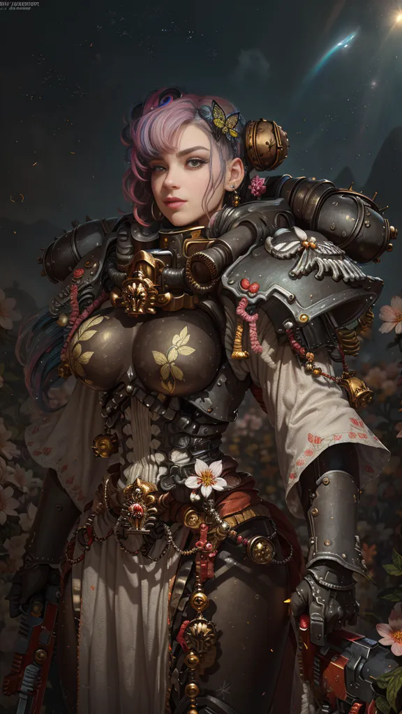 The image is of a woman wearing a white dress and a suit of armor. The armor is made of metal and has a floral pattern on it. The woman has pink hair and purple eyes. She is also wearing a necklace and a belt. There are flowers in the background of the image.