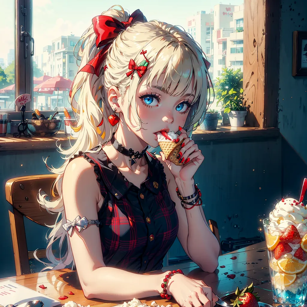 The image shows a young woman with long blonde hair and blue eyes. She is wearing a red and black plaid dress with a white collar and a large red bow in her hair. She is sitting at a table in a cafe, eating a strawberry ice cream cone. There is a large glass on the table with whipped cream, strawberries, and oranges in it. The woman is smiling and has her eyes closed. She is wearing a black choker with a red gem in the center and several bracelets on her right wrist. There is a building with large windows in the background.