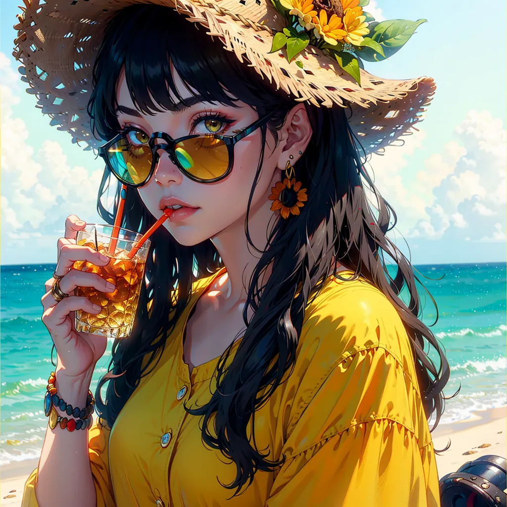 The image shows a beautiful young woman, with long black hair, wearing a wide-brimmed straw hat with a yellow flower pattern and black sunglasses. She is wearing a yellow shirt and has a camera bag hanging from her right shoulder. She is standing on a beach, with the ocean behind her. She is holding a glass with a straw in it and seems to be drinking from it. She has a bracelet on her right wrist.