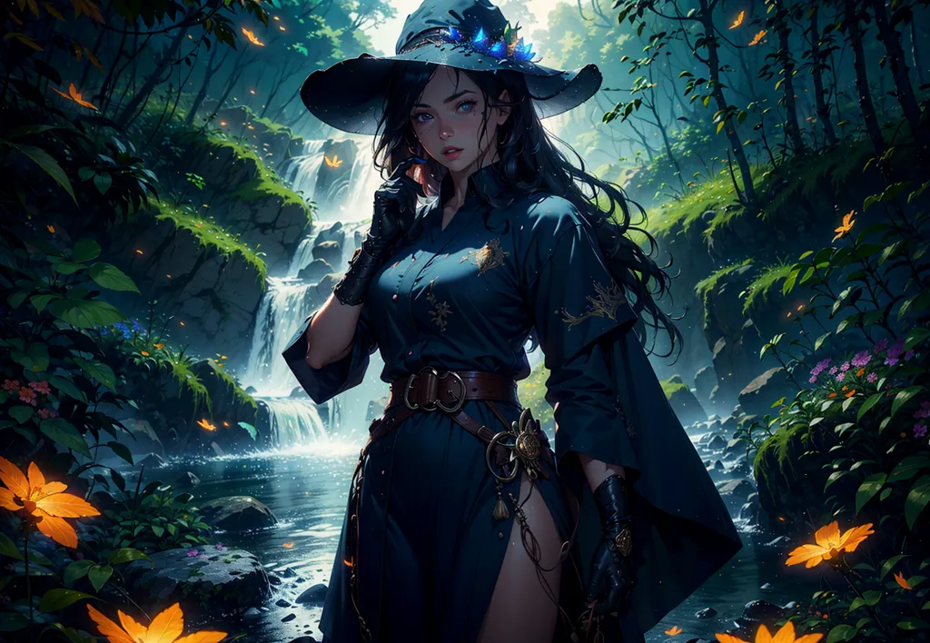 La imagen es de una hermosa mujer joven vestida de bruja. Ella está de pie en un bosque, con una cascada al fondo. Lleva un sombrero y un vestido azules, con un cinturón y guantes blancos. Tiene el cabello negro largo y ojos azules, y mira al espectador con una expresión misteriosa.