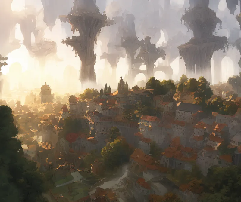 The image is a painting of a fantasy city. The city is built on a series of floating islands that are connected by bridges. The islands are covered in lush vegetation and there are a variety of buildings on them, including houses, towers, and temples. The city is surrounded by a mist and there are large, glowing mushrooms in the foreground.