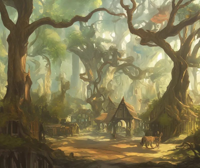 The image is a digital painting of a village in a forest. The village is made up of small, wooden houses with thatched roofs. The trees in the forest are tall and have thick branches. The leaves on the trees are a light green color. There is a path that runs through the village and there is a horse and cart on the path. There is a mist in the air and the sun is shining through the trees.