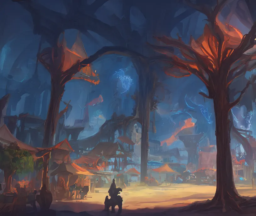 The image is a digital painting of a fantasy city. The city is built in a forest, and the trees are very tall and have orange leaves. The city is lit by a blue light, and there are many people walking around. There are also some buildings in the city, and they are all made of wood. The image is very detailed, and the artist has used a lot of different colors to create a sense of depth and atmosphere.