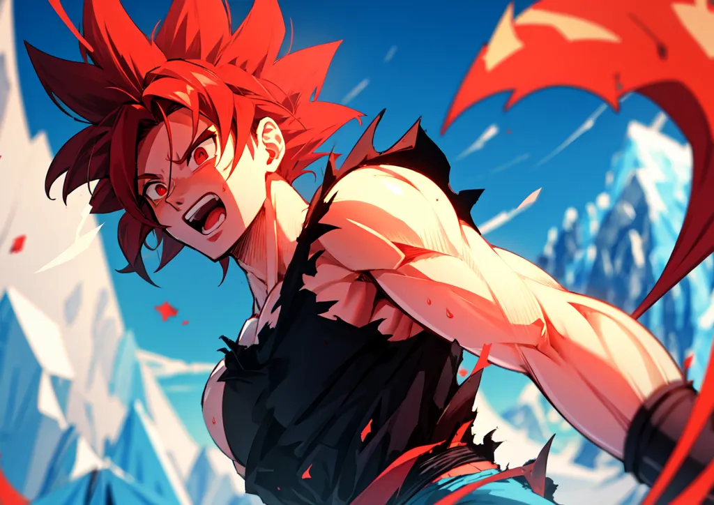 La imagen es de un personaje de anime con cabello rojo y ojos rojos. Lleva una camisa negra que está rota y tiene un cinturón azul. También lleva pantalones azules. Está de pie en un paisaje de montaña nevada y está rodeado de energía roja. Tiene una mirada decidida en su rostro y parece que está a punto de atacar.