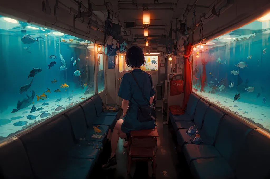 The image is a depiction of a girl sitting on a train. The train is unique in that the windows are replaced with aquariums, showing a variety of fish swimming around. The girl is wearing a blue shirt and black shorts and has her hands holding her knees. She has a small bag on her right side. The train car is lit by a few lanterns. The image is full of vibrant colors and has a somewhat surreal quality to it.