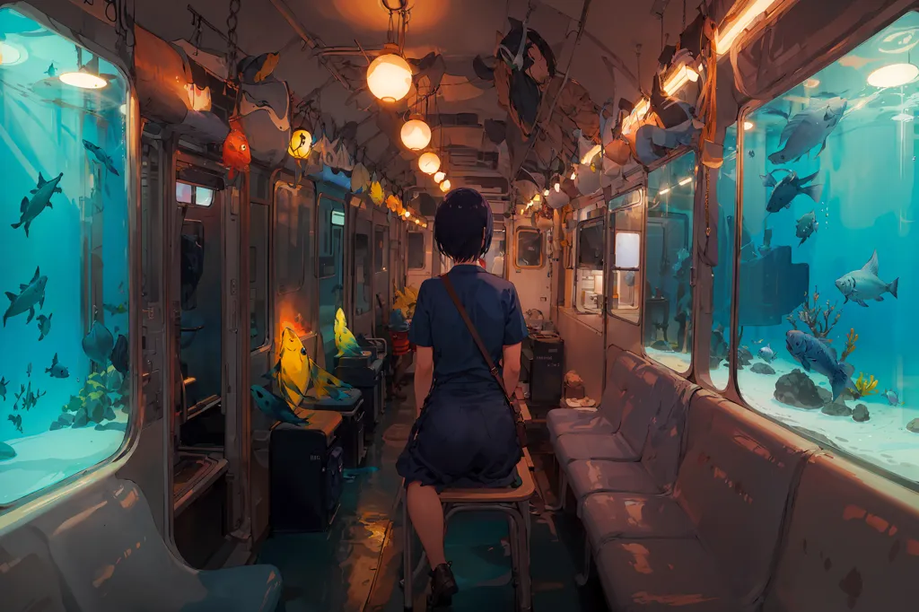 この絵は、電車に座る少女の絵画です。電車には水槽が装飾されており、その中に魚が泳いでいます。少女は青いドレスを着て、ポニーテールにしています。彼女は電車の窓の外を見つめており、外には都市の景色が広がっています。この絵は写実的なスタイルで描かれており、色彩は鮮やかで生き生きとしています。