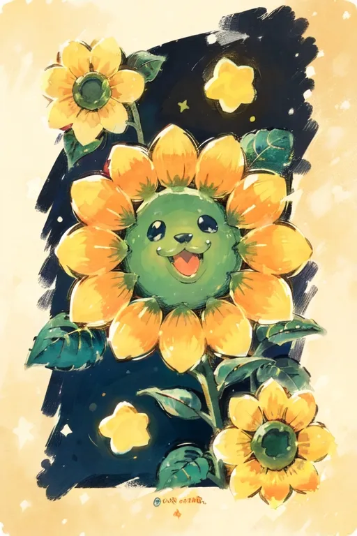 The image is a digital painting of a sunflower. The sunflower has a green face with a happy expression, and it is surrounded by yellow petals. The sunflower is set against a dark blue background, and there are several stars in the background as well. The sunflower is also surrounded by several small, yellow flowers. The painting is done in a realistic style, and the colors are vibrant and bright.