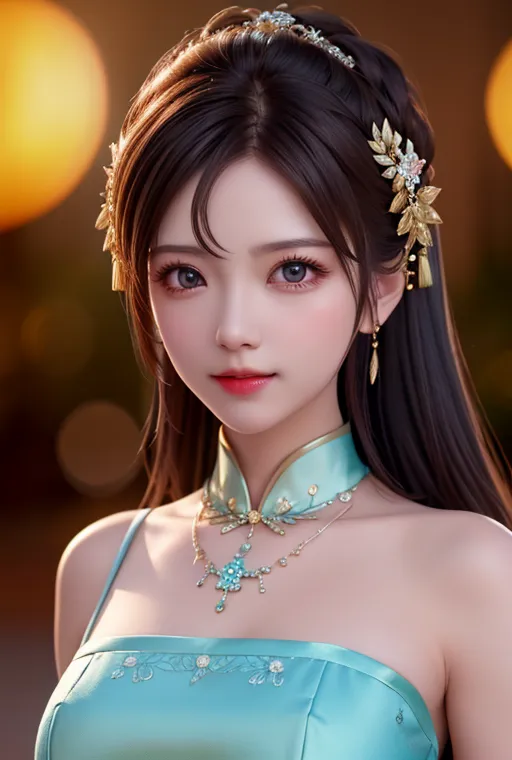 The image shows a young woman with long, dark hair. She is wearing a traditional Chinese dress with a blue bodice and a white skirt. The dress is decorated with gold and silver embroidery. She is also wearing a necklace and earrings. Her hair is styled in an elaborate updo and she is wearing a traditional Chinese headdress. The background is a blur of light and dark colors.