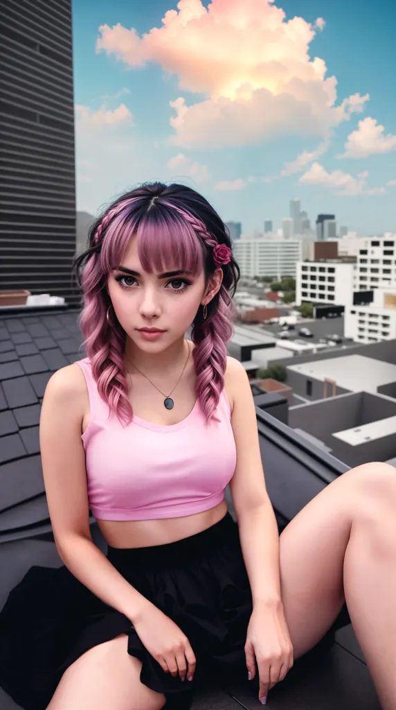 A young woman is sitting on the edge of a rooftop. She is wearing a pink crop top and a black skirt. Her hair is pink and black and she has a flower in her hair. She is looking at the camera with a serious expression. The background is a cityscape with tall buildings and a blue sky.