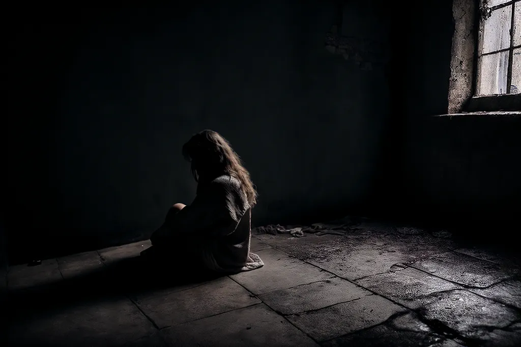 The image is in black and white. There is a girl sitting in the middle of a dark room. She has her head in her hands and is crying. The room is lit by a single window. The window is barred and there is a dirty floor. The girl is wearing a white dress. Her hair is long and dark. She is barefoot. The image is very sad and it seems like the girl is in a lot of pain.