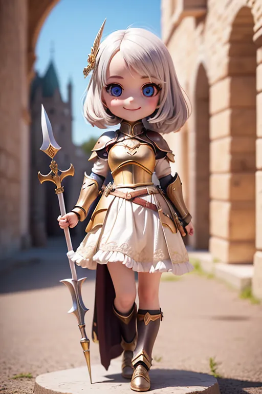 The image shows a little girl with short white hair and blue eyes. She is wearing a white and gold colored armor and holding a spear in her right hand. She is standing in a town with stone buildings and an archway in the background.