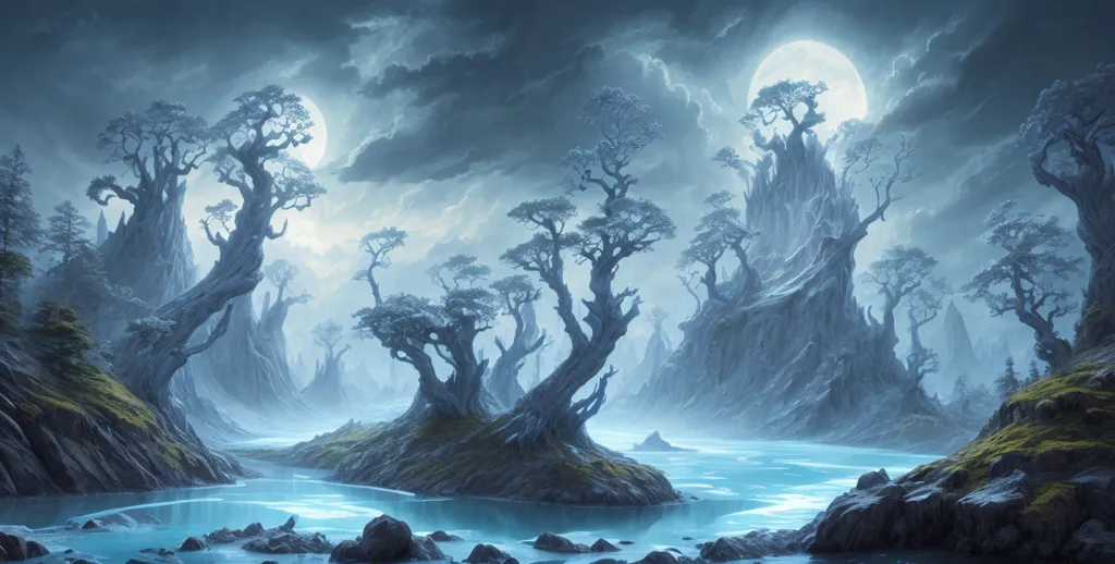 The image is a fantasy landscape. There are several large trees in the foreground, and a river running through the middle of the image. The trees are bare, and the branches are twisted and gnarled. The leaves are a deep blue color. The river is wide and still, and the water is a deep blue color. The sky is dark and cloudy, and there is a full moon in the sky. The image is very atmospheric, and it has a sense of mystery and wonder.