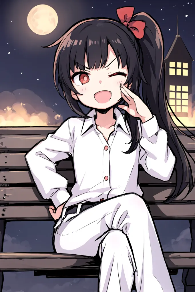 The image shows an anime-style girl with long black hair and red eyes. She is wearing a white shirt, black pants, and a red bow in her hair. She is sitting on a bench in front of a building with a large clock tower. The moon is full, and there are stars in the sky. The girl is smiling and has her right hand on her hip. She has a playful expression on her face.