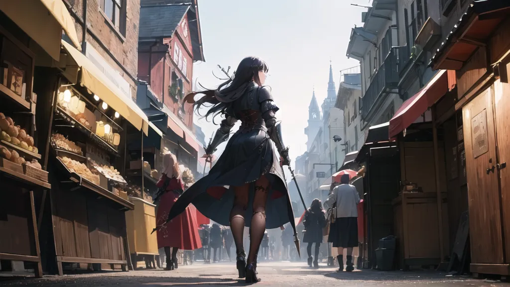 This is an image of a woman in a black and red medieval-style outfit, with long black hair, walking down a busy street in a medieval town. She is carrying a sword on her back and is wearing a red cape. The street is lined with shops and people are walking around. The woman is looking straight ahead.