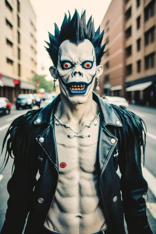 La imagen es de una persona vestida como el personaje Ryuk de la serie de anime Death Note. La persona lleva una chaqueta de cuero negra, una camisa blanca y un par de pantalones negros. Tienen el cabello peinado como Ryuk, con el cabello negro largo y puntiagudo y ojos rojos. También llevan un par de pendientes y un collar con un colgante de calavera. La persona está de pie en un entorno urbano, con edificios y coches de fondo.