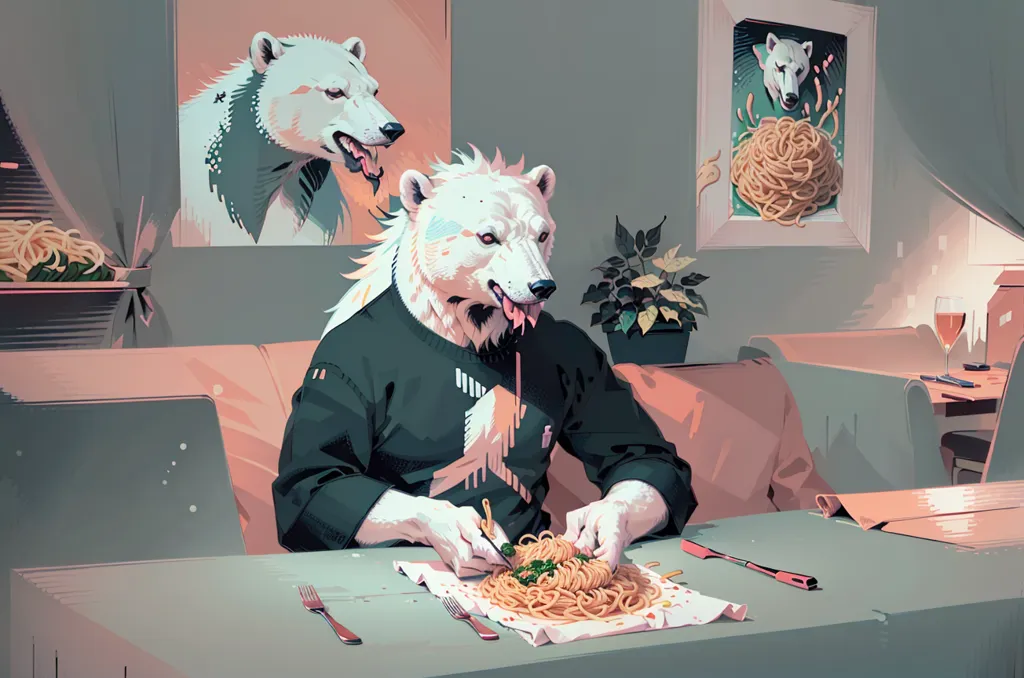 A polar bear is sitting at a table, eating spaghetti. The bear is wearing a black sweater. There is a picture of a polar bear eating spaghetti on the wall behind him. There is also a plant on the table.