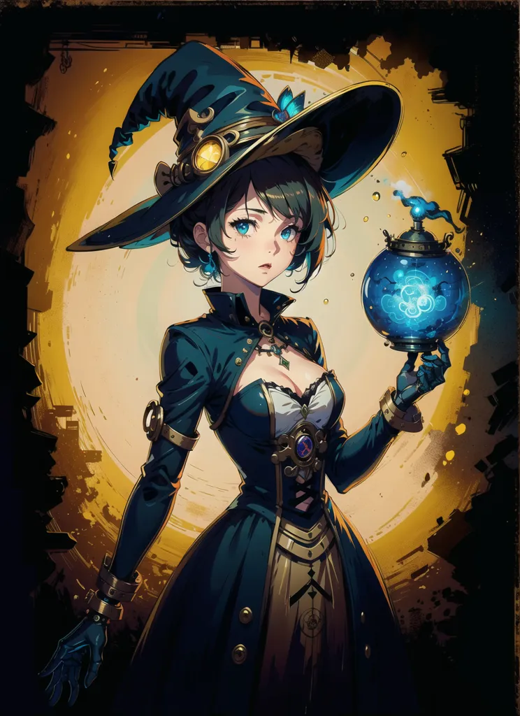 This is an image of a young woman dressed as a witch. She has short blue hair, blue eyes, and is wearing a blue hat with a wide brim. She is wearing a black and blue dress with a white collar. She is also wearing a brown belt with a pouch on it. She is holding a staff in her right hand and a glowing blue orb in her left hand. She is standing in front of a large moon.