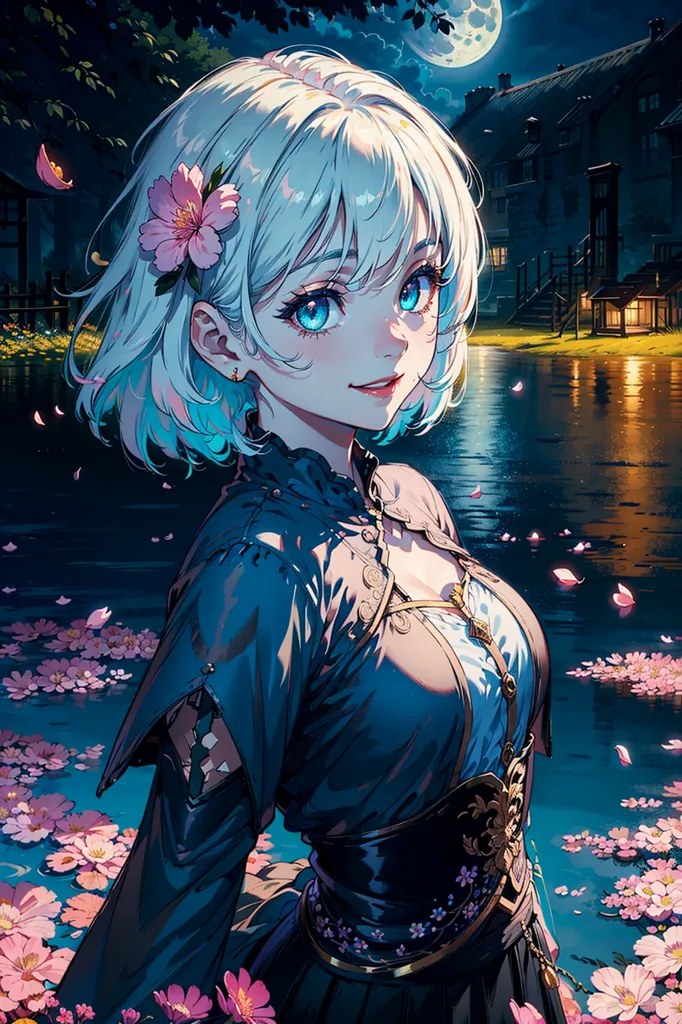 The image is a painting of a beautiful anime girl with white and blue hair. She is wearing a blue kimono with a white obi. There are pink flowers in her hair and around her. She is standing in a river with a full moon in the background. There is a traditional house on the riverbank. The painting is done in a realistic style and the colors are vibrant and lifelike.