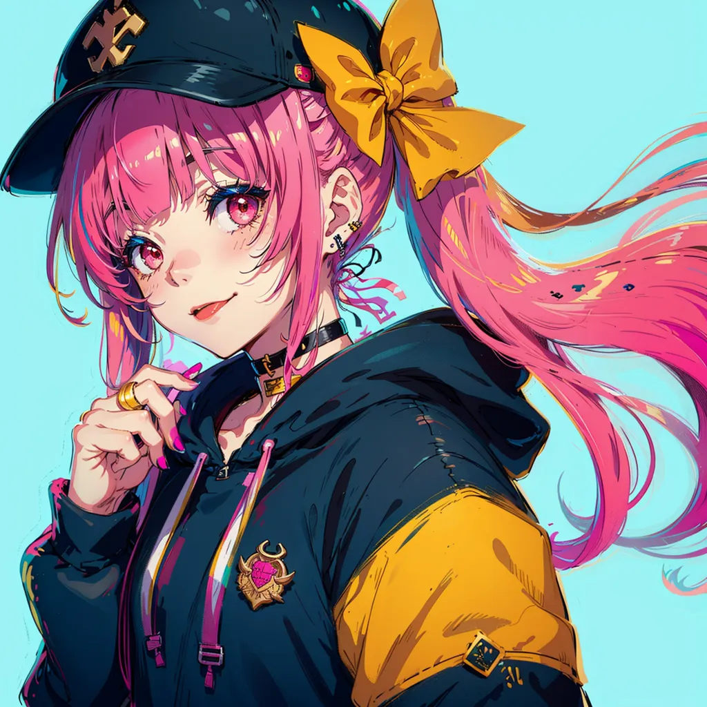 The image is a portrait of a young woman with pink hair, red eyes, and a yellow bow in her hair. She is wearing a black cap, a black and yellow hoodie, and a black choker with a heart-shaped pendant. She has a beauty mark on her left cheek.