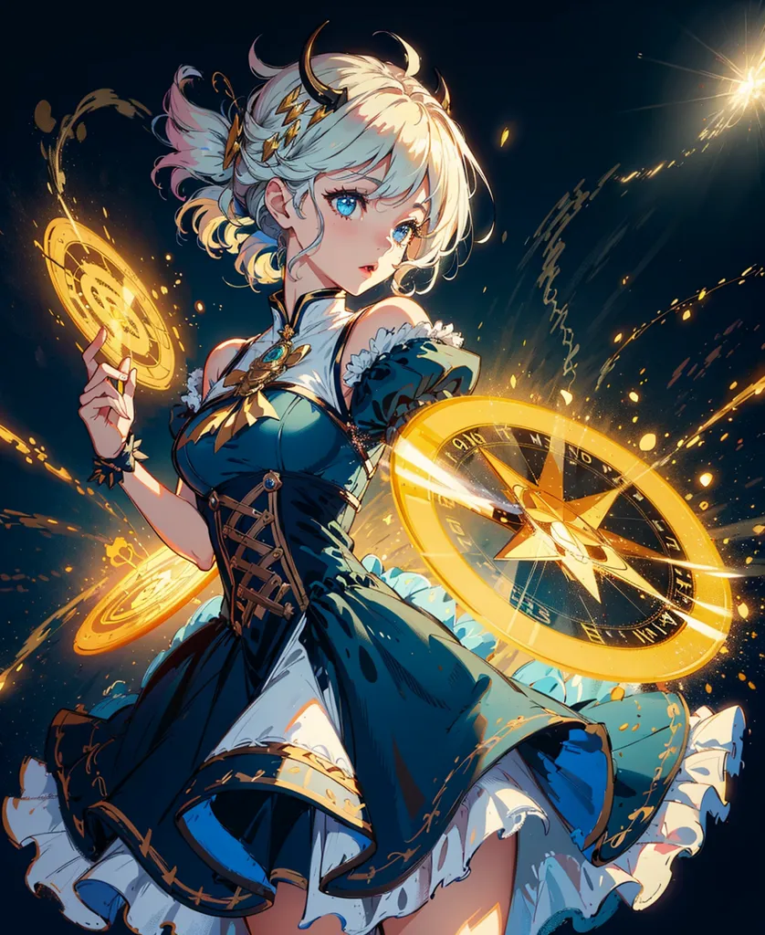 The image is of a young woman with white hair and blue eyes. She is wearing a blue and white dress with a white bow in her hair. She is holding a golden compass in her right hand and there are several other compasses floating around her. She has a serious expression on her face and seems to be concentrating on something. The background is dark with a starry sky.