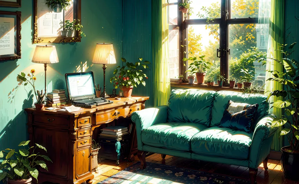 The image is a living room with a large window, a desk, and a sofa. The walls are painted green and the furniture is made of wood. There are many plants in the room, including a large potted plant in the corner and several smaller plants on the desk and windowsill. The sofa is green and there is a throw pillow on it. There is a brown patterned rug on the floor. The window is open and there are trees outside. There is a desk in the foreground with a laptop on it. There is a lamp on the desk.