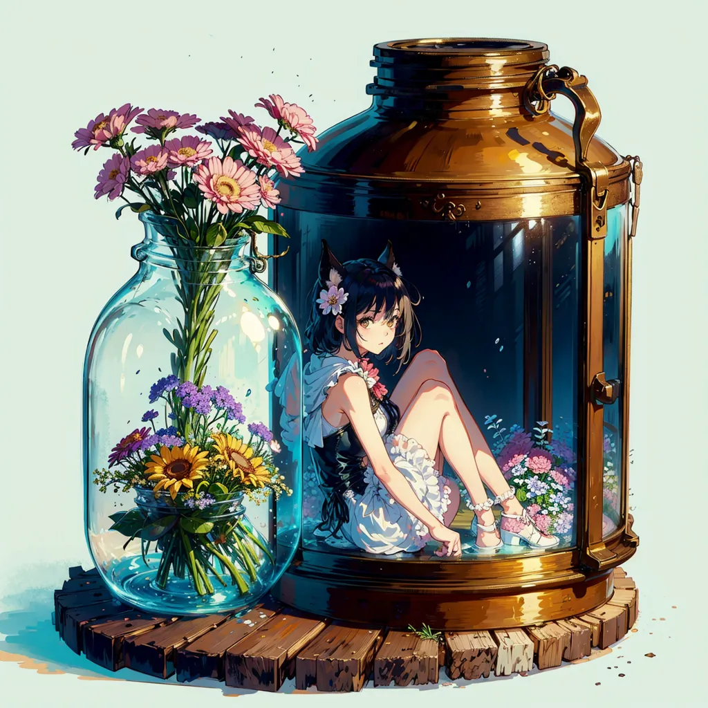 A girl with cat ears is sitting in a glass jar. The jar is filled with water and flowers. The girl is wearing a white dress and has long black hair. She is sitting on a wooden table. There is another jar on the table next to her, also filled with water and flowers.