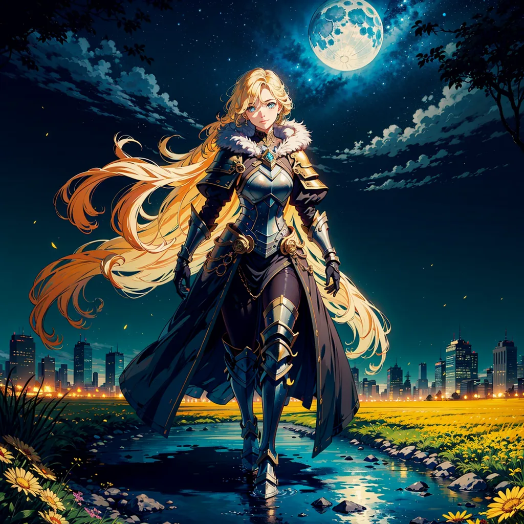 The picture shows a beautiful anime girl with long blond hair and blue eyes. She is wearing a suit of armor and a white cape. She is walking through a field of yellow flowers toward a city. There is a full moon in the sky.