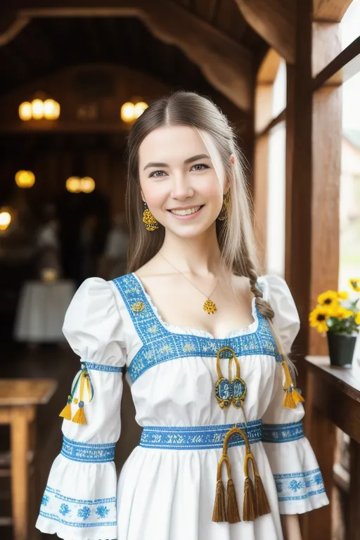 L'image montre une jeune femme vêtue d'une robe traditionnelle ukrainienne brodée, qui sourit. Elle a de longs cheveux blonds tressés et enroulés autour de sa tête comme une couronne. Elle porte un collier avec un amulette et des boucles d'oreilles bleues. Le corsage de la robe est blanc avec une broderie bleue et dorée. La jupe de la robe est blanche avec une bordure bleue et dorée à l'ourlet.