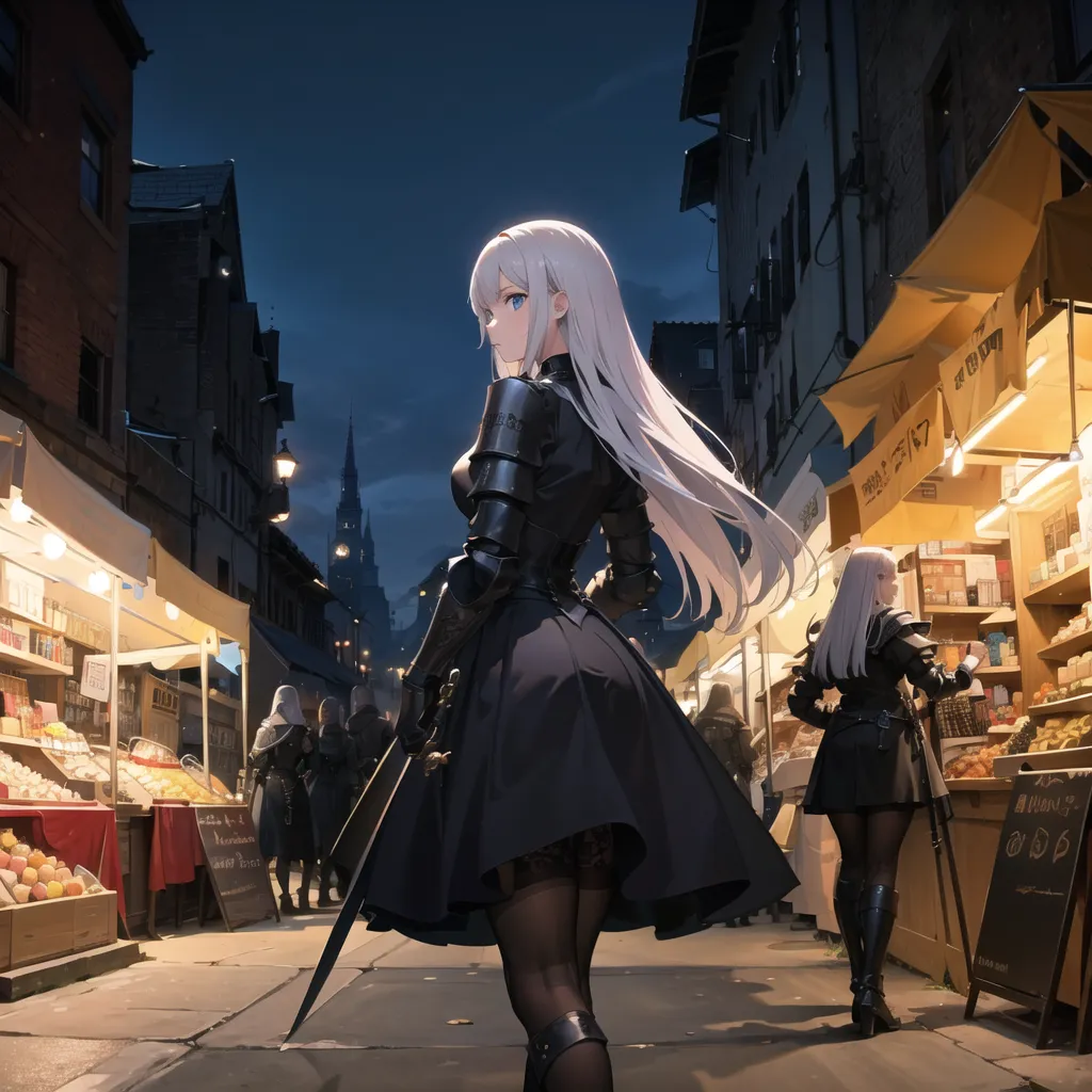 The picture shows a medieval street with a stone road and shops on both sides. There are people walking around in medieval clothes. In the foreground, there is a woman with long white hair and blue eyes. She is wearing a black dress and a breastplate. She is also wearing a sword on her hip. She is looking back at someone or something.