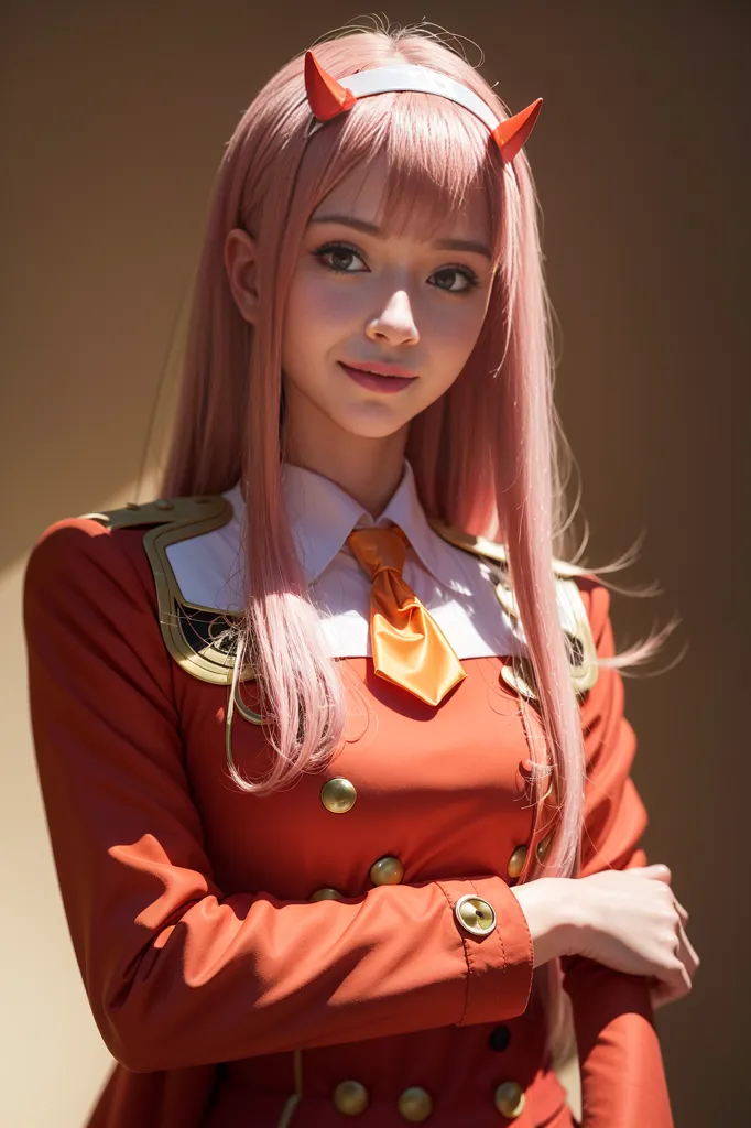 Esta é uma imagem de uma jovem mulher com cabelo rosa, usando um casaco militar vermelho com botões dourados e um colarinho branco. Ela também está usando uma gravata amarela e tem um pequeno sorriso no rosto. Ela tem chifres de diabo na cabeça e está olhando para a câmera.