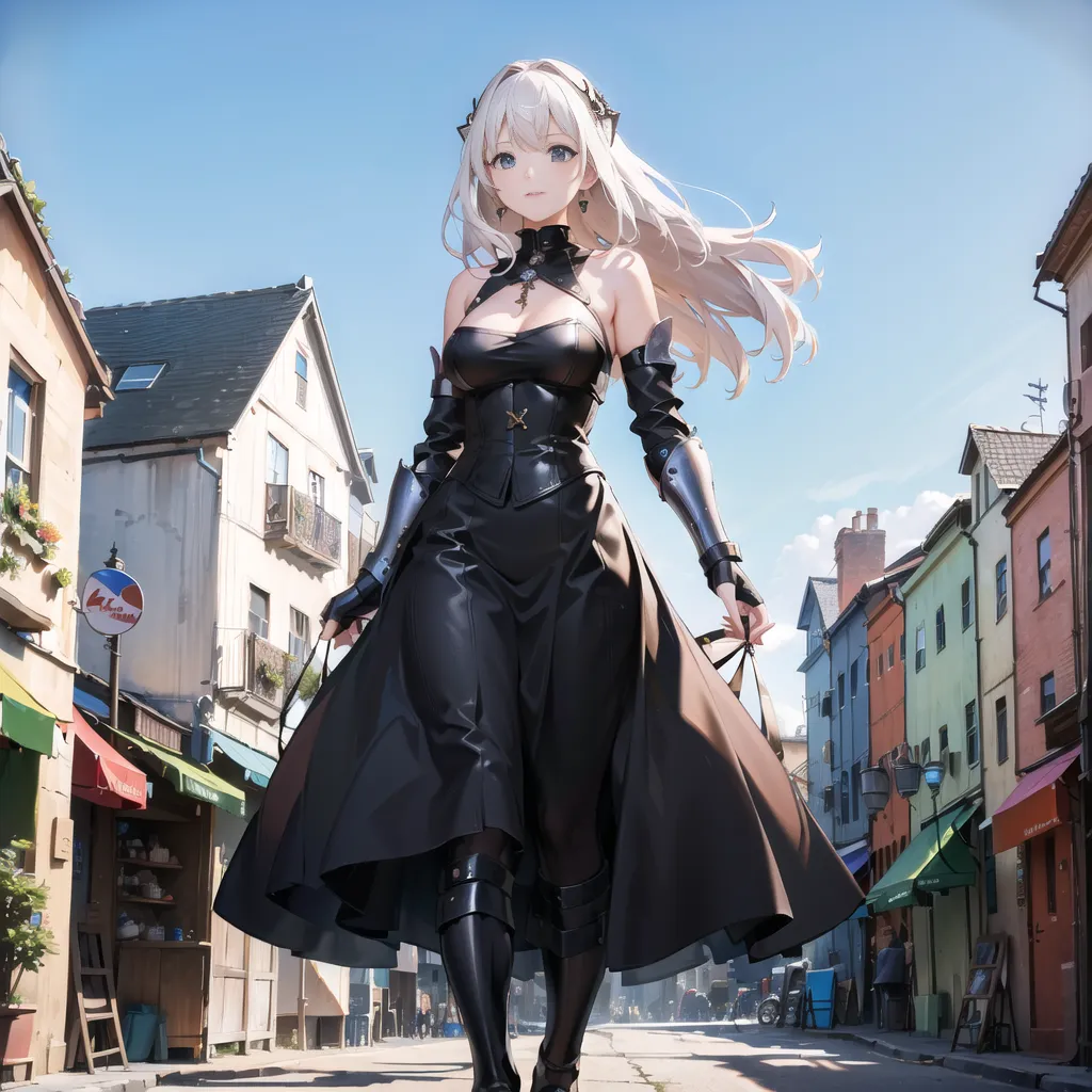 The image is a painting of a beautiful anime girl with long white hair and blue eyes. She is wearing a black gothic dress with a corset and a long skirt. She is also wearing black boots and gloves. The girl is walking down a street in a European-style town. The street is lined with shops and houses, and there are people walking around. The girl is carrying a basket of flowers. The painting is done in a realistic style, and the girl is very detailed. The image is very beautiful, and it captures the girl's beauty and personality.