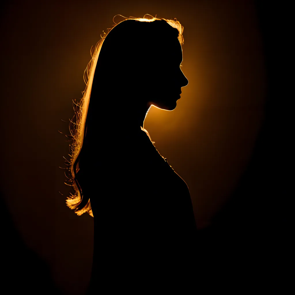 This is a photograph of a woman in silhouette. The light is shining from the right side of the frame, illuminating her hair and the side of her face. She is standing in profile with her eyes closed. Her hair is long and flowing. She is wearing a dress. The background is dark.