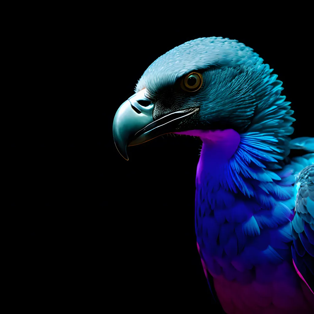 The image is of a bird of prey with its head turned to the left of the viewer. The bird has blue and purple feathers with a yellow beak and yellow eyes. The background is black.