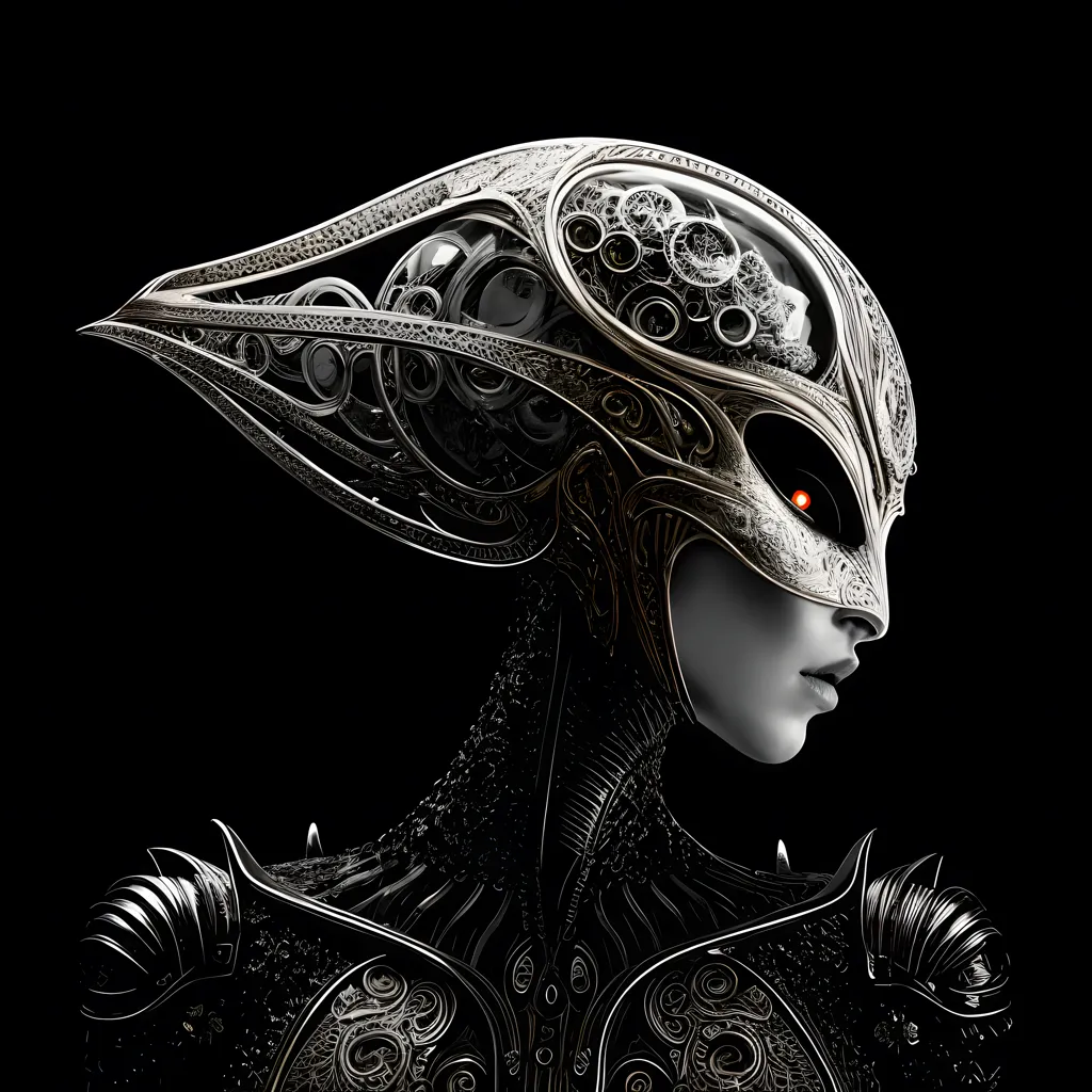 The image is a black and white portrait of a woman wearing a futuristic helmet. The helmet is made of metal and has a visor that covers her eyes. The woman's face is pale and expressionless. She is wearing a black bodysuit that covers her body. The image is dark and mysterious. It is not clear what the woman is thinking or feeling. The image is a digital painting and is likely created using a computer program.