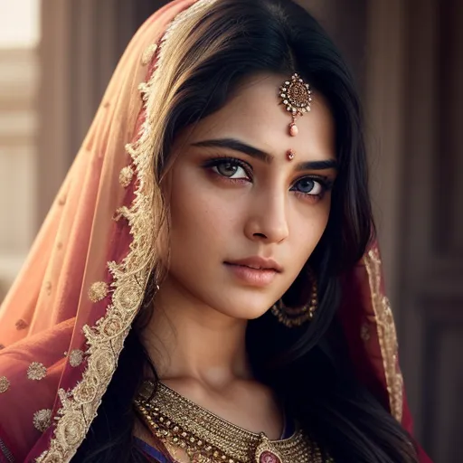 The image shows a young Indian woman, probably a bride, wearing a red and gold embroidered dress and a matching headscarf. The headscarf is pulled back to reveal her face, which is framed by long, dark hair. Her eyes are dark brown and her skin is fair. She is wearing a heavy gold necklace and earrings. The background is a blur of light and dark colors.