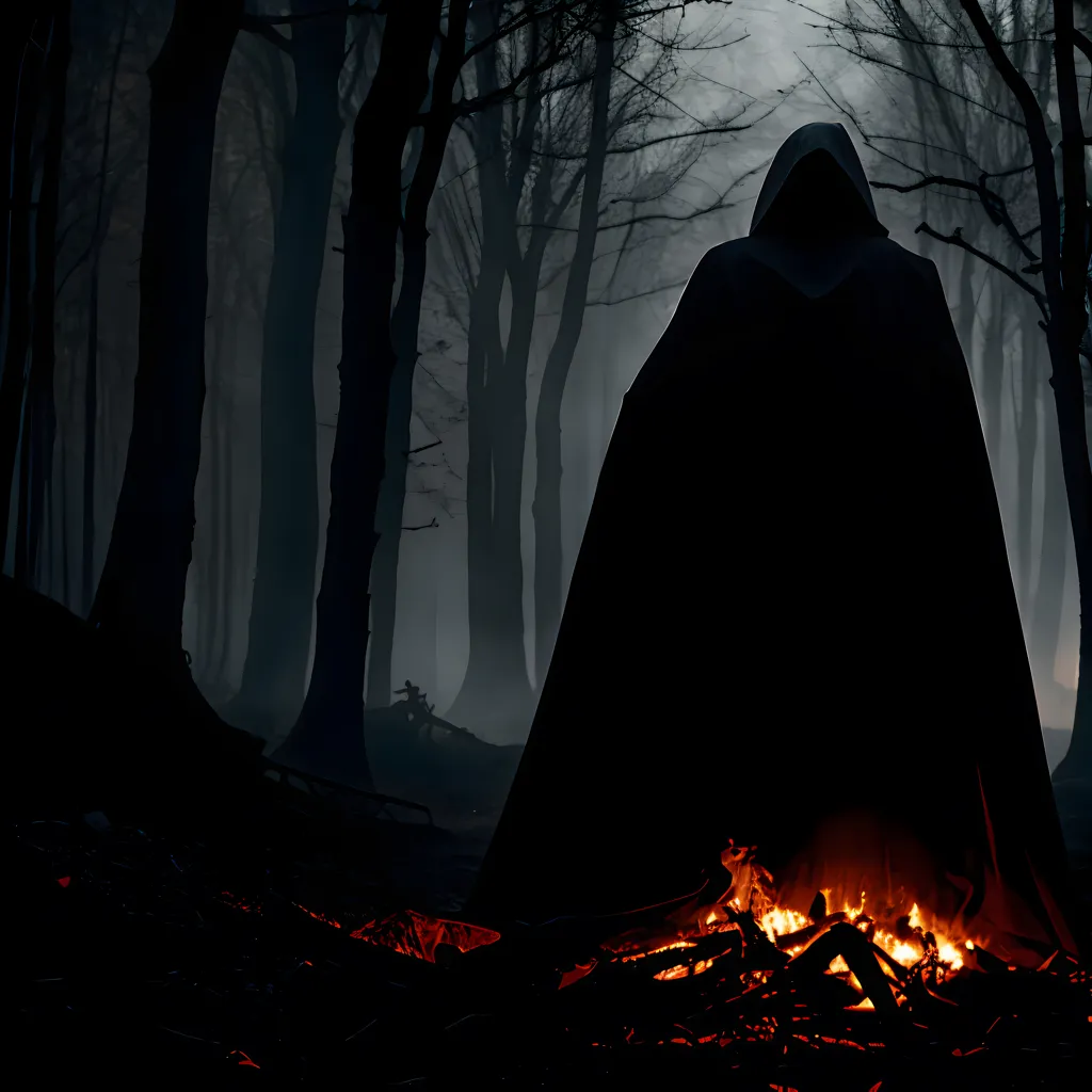 This image shows a dark figure standing in a forest. The figure is wearing a long black cloak with a hood and its face is hidden in the shadows. The figure is standing in front of a bonfire and there are trees all around. The forest is dark and gloomy and the only light comes from the bonfire. The figure is alone and isolated and the image has a sense of mystery and suspense.