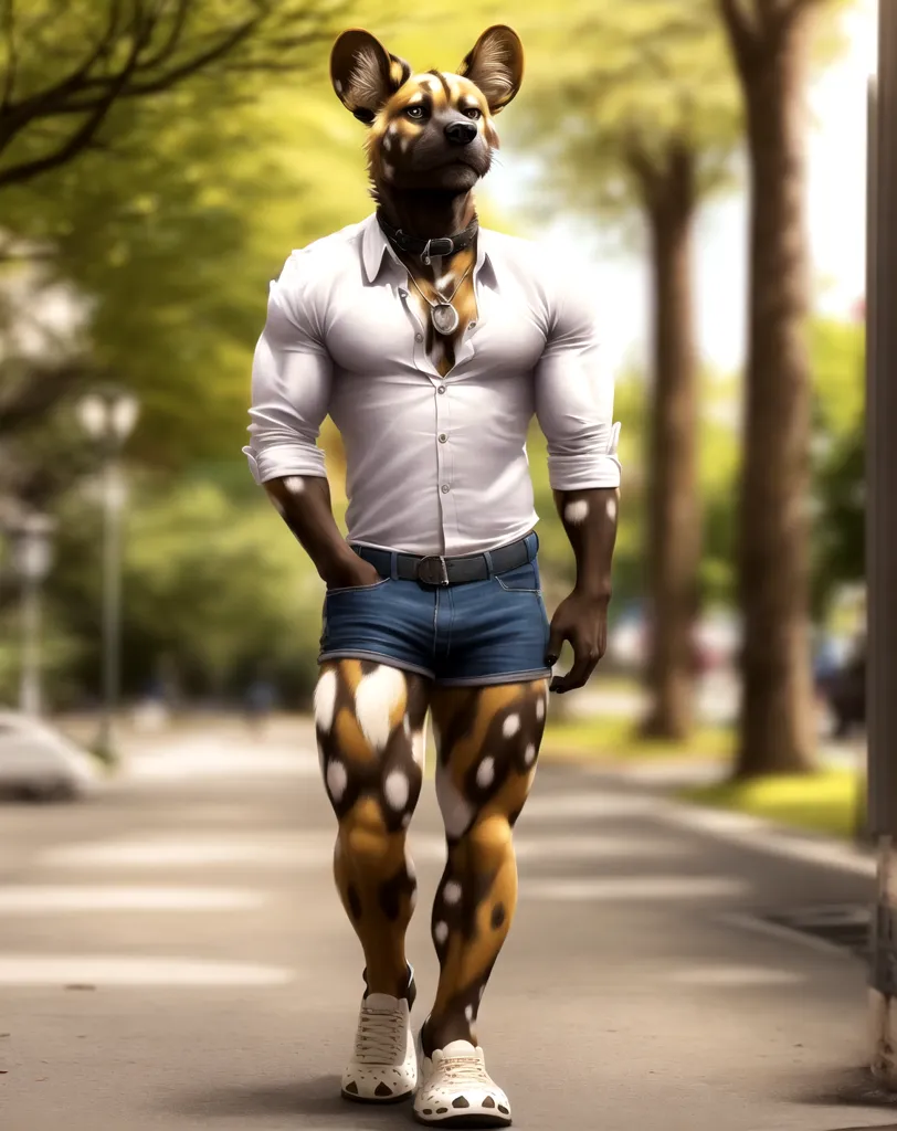 The image is of a muscular anthropomorphic jackal with dark fur and light brown spots walking down a city street. He is wearing a white button-down shirt, blue jean shorts, and white sneakers. He has a silver chain around his neck and is looking to the left with a confident expression. The background is blurred, but it looks like there are trees and buildings in the distance.