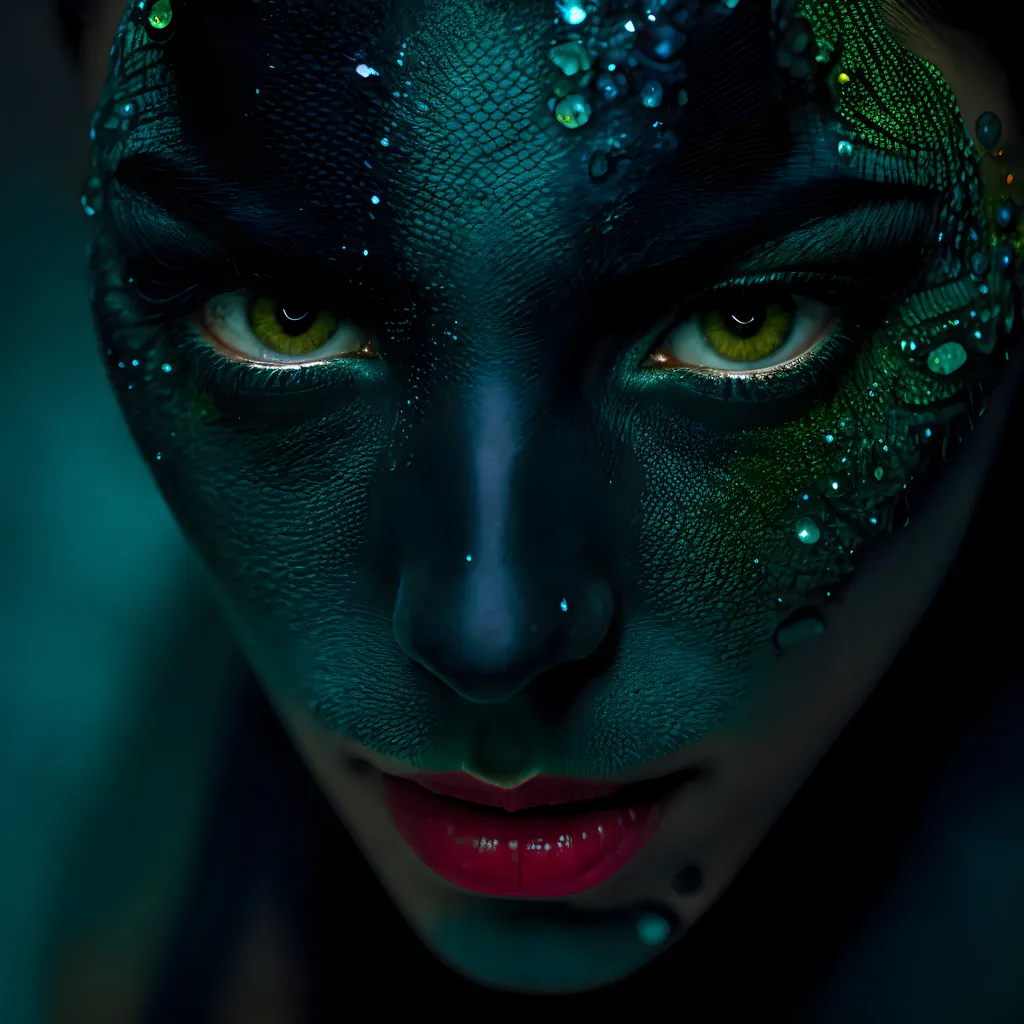 The image is a close-up of a woman's face. She has green eyes and dark blue skin with green scales. There are green gems embedded in her skin, and her lips are glossy pink. She is looking at the viewer with a serious expression.