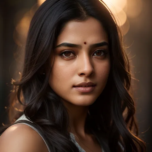 The image shows a young Indian woman with long, dark, wavy hair. She has light makeup on and a small red dot on her forehead. She is wearing a white tank top and looking at the camera with a serious expression. She has brown eyes and a beauty mark on her right cheek.