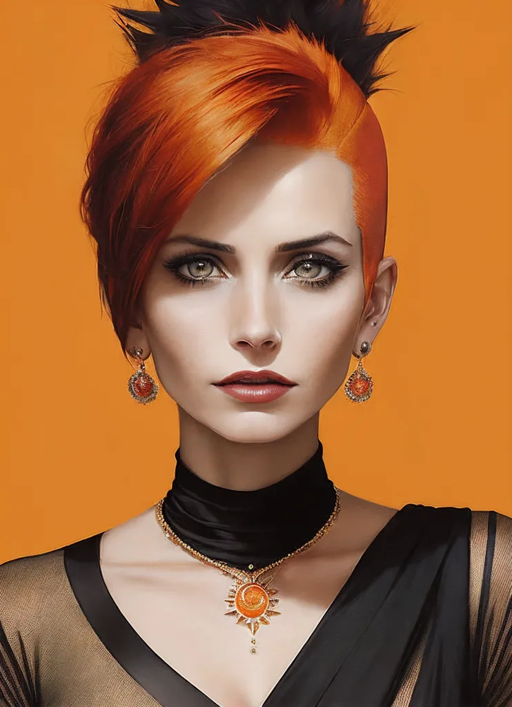 La imagen muestra a una mujer joven con el cabello naranja y ojos verdes. Lleva un collar negro con un colgante dorado y pendientes dorados. Viste un vestido negro transparente. El fondo es naranja.