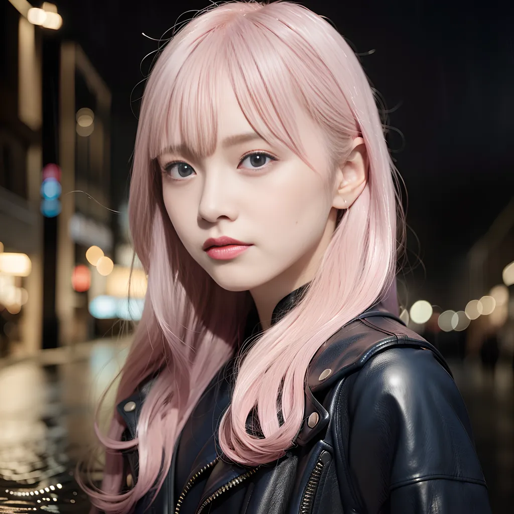 The image shows a young woman with pink hair and blue eyes. She is wearing a black leather jacket. The background is blurred with bokeh lights.