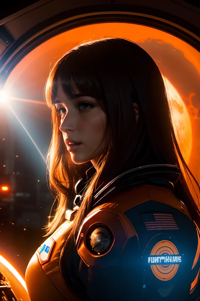 This is an image of a young girl in a spacesuit with long brown hair and blue eyes. She is looking to the right of the frame, which is mostly filled with an orange background. There is a porthole behind her showing a planet. The girl is wearing a spacesuit with the American flag patch on her right shoulder and "PUNTA ARENAS" patch on her left arm.