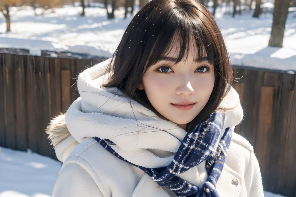 The image shows a young woman standing in a snowy forest. She is wearing a white coat with a fur hood and a blue and white scarf. Her long dark hair is blowing in the wind and there is snow on her shoulders. She has a soft smile on her face and her eyes are looking at the camera. The background is blurred but there are some trees and a wooden fence in the distance.