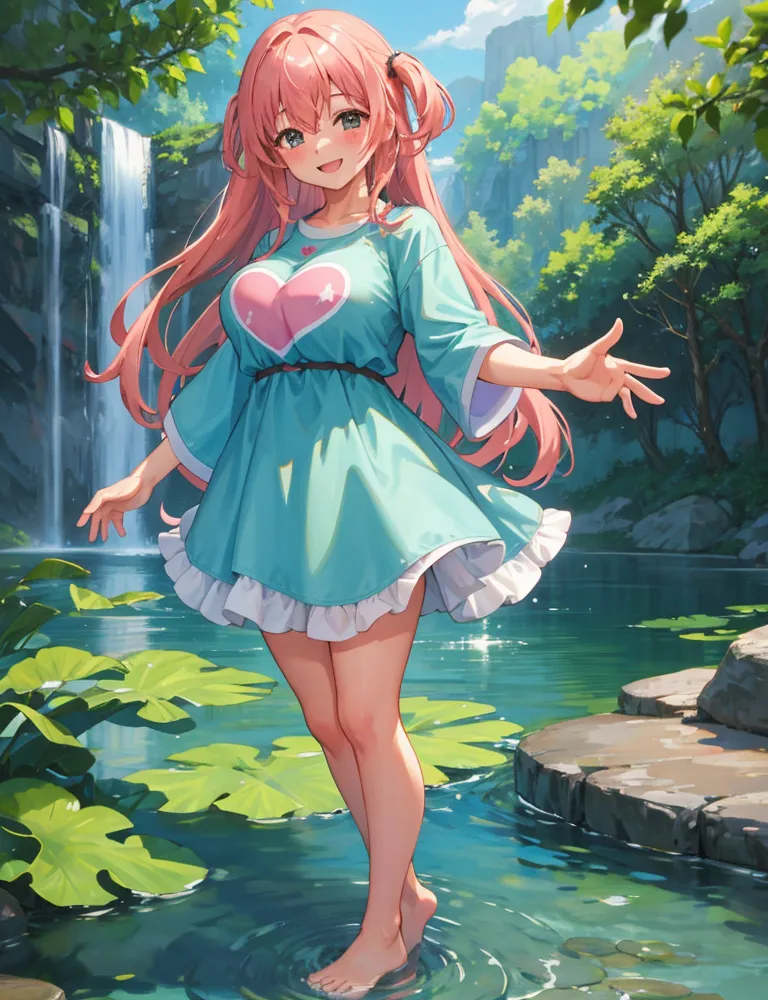 The image shows a young woman standing in a river and is surrounded by green plants. She is wearing a blue dress with a pink heart on it. She has long pink hair and blue eyes. She is smiling and has her arms outstretched. There is a waterfall in the background.