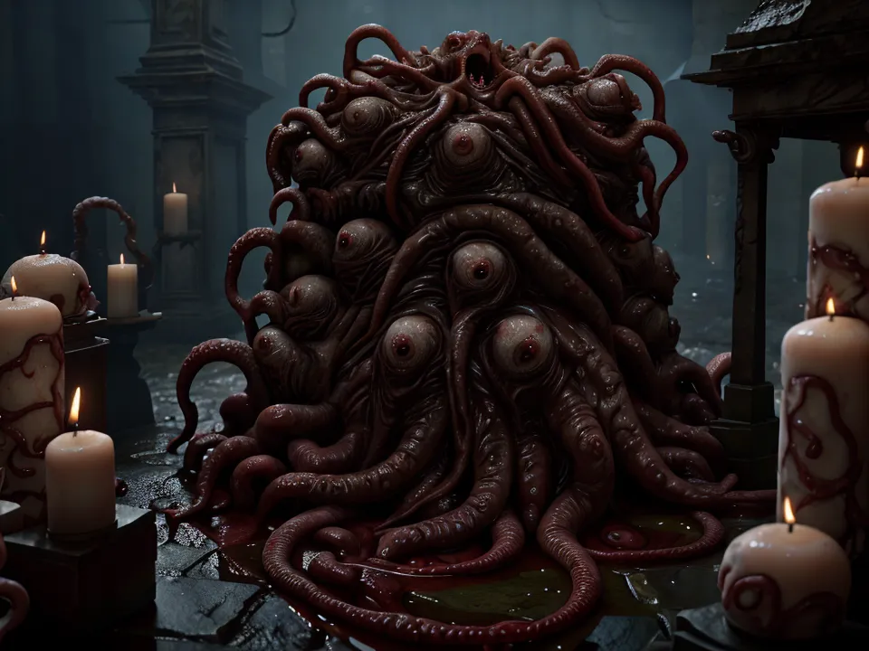 The image shows a large, fleshy creature with multiple eyes and tentacles. It is standing in a dark, underground chamber that is lit by candles. The creature is surrounded by blood and gore, and it appears to be in pain. The candles are placed in sconces that are mounted on the walls of the chamber. The floor of the chamber is made of stone, and it is covered in blood.